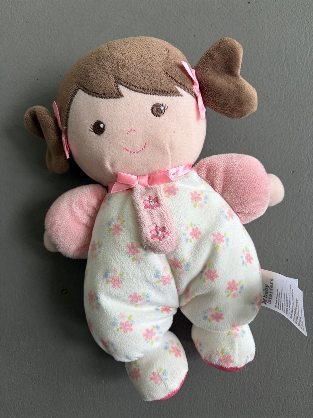 Baby Starters Pink & Cream Floral Plush Baby Doll with Brown Hair and Rattle